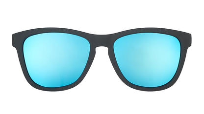 Sunglasses with black frame and blue-tinted lenses on a white background