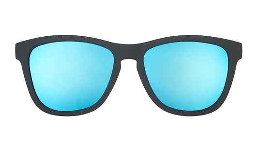 Sunglasses with black frame and blue-tinted lenses on a white background