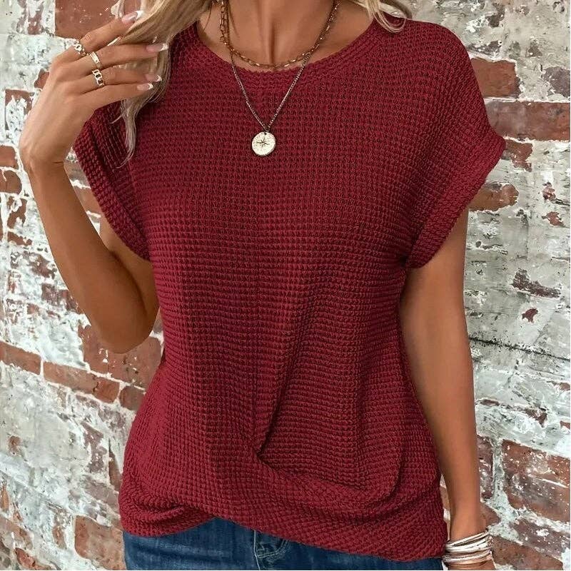 kycozy - Solid Color Round Neck Twist Short Sleeve T-Shirt