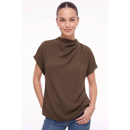 Naked Zebra - Mock Neck Draped Textured Satin Fall Blouse