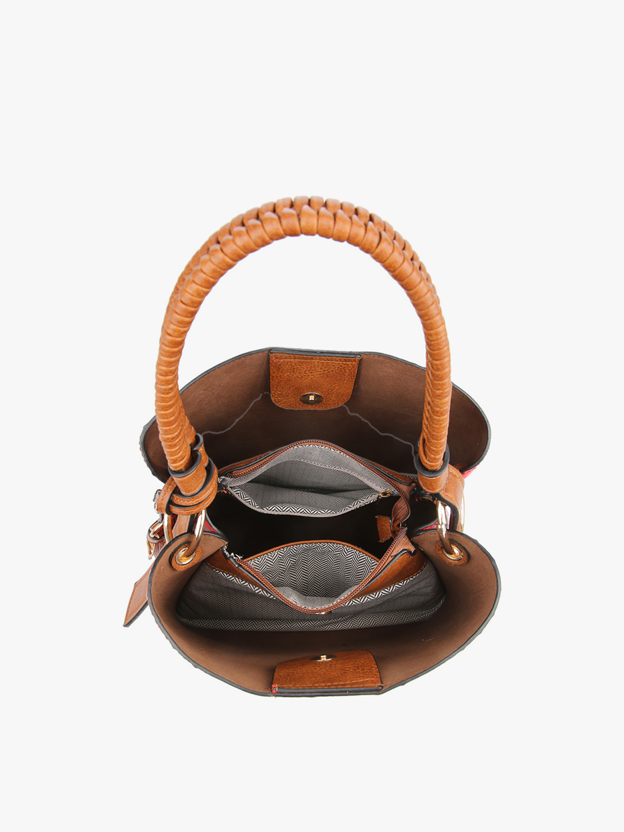 Brown leather handbag with a woven handle on a white background