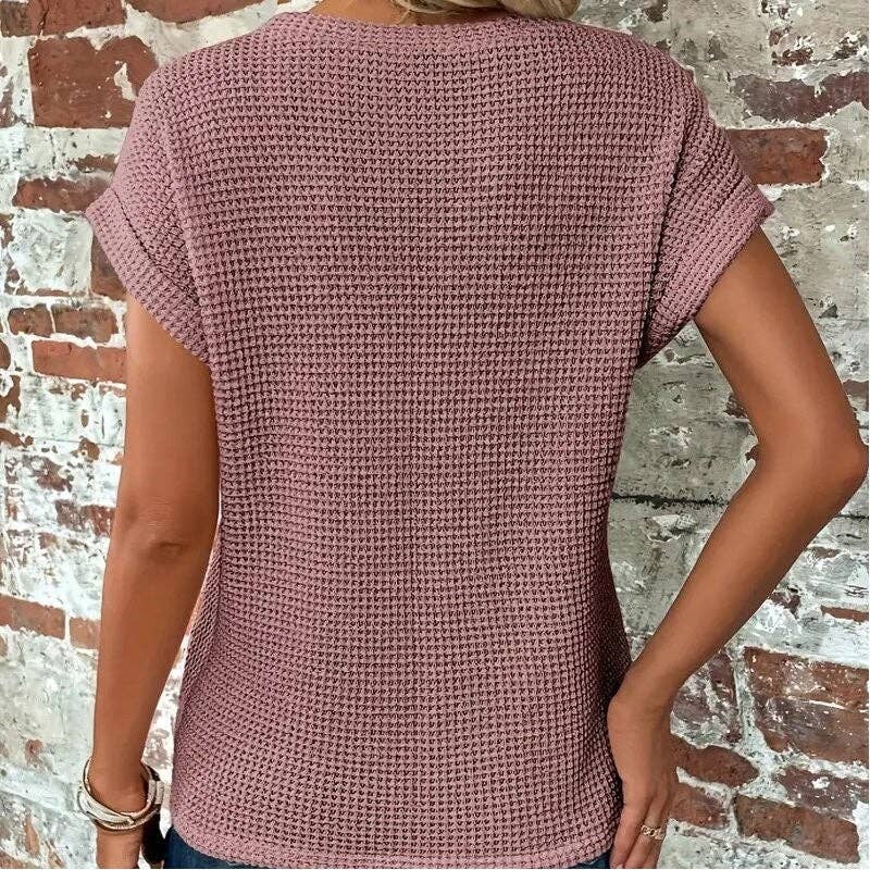 kycozy - Solid Color Round Neck Twist Short Sleeve T-Shirt
