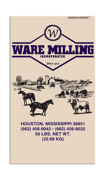Ware Milling Incorporated bag with illustrations of horses and a cow, and contact information.