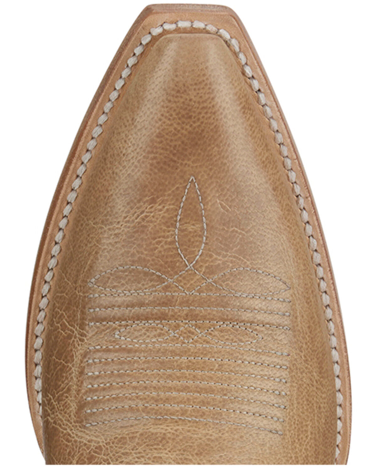 Close-up of tan leather cowboy boot toe with decorative stitching and white welt