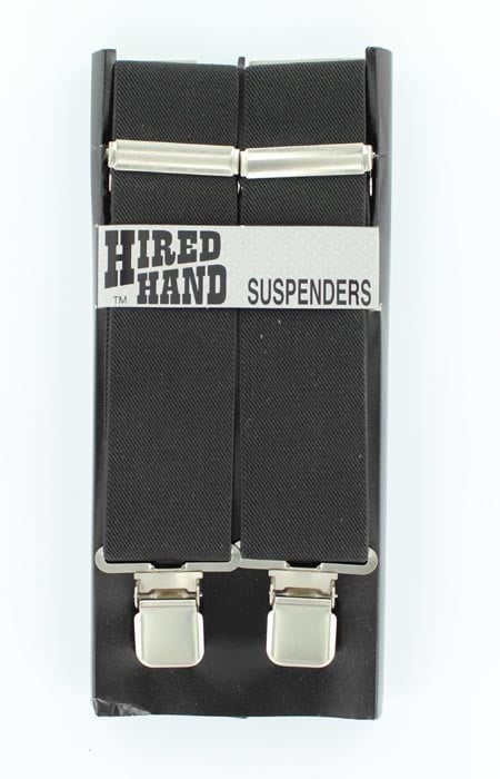 Black suspenders with silver clips on a white background, labeled 'Hired Hand'.