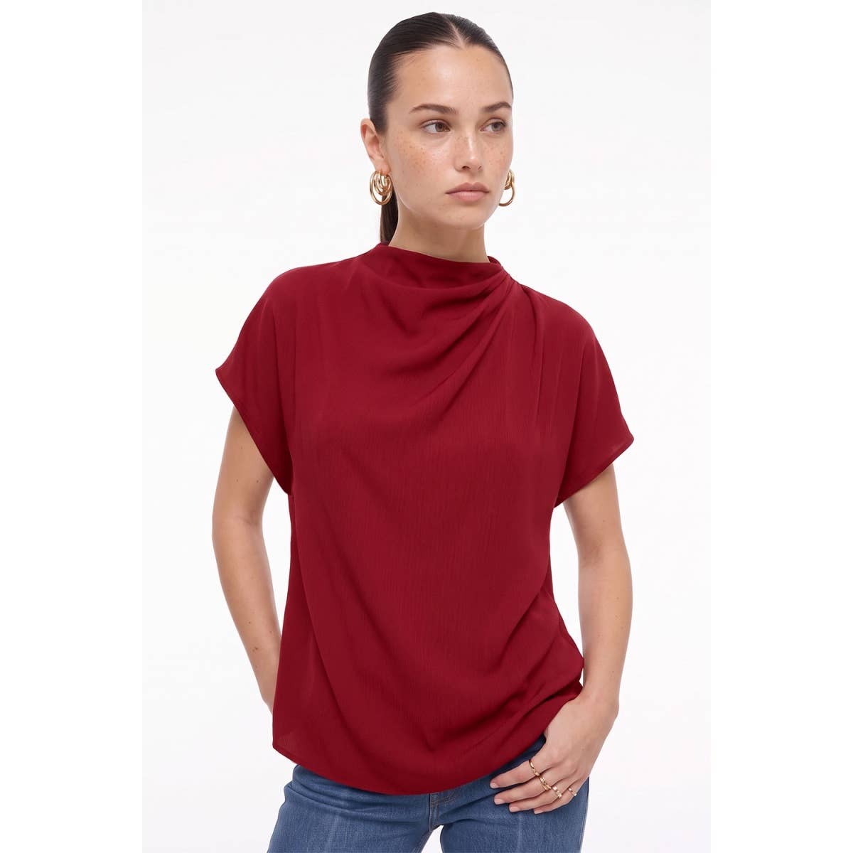 Naked Zebra - Mock Neck Draped Textured Satin Fall Blouse