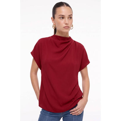 Naked Zebra - Mock Neck Draped Textured Satin Fall Blouse