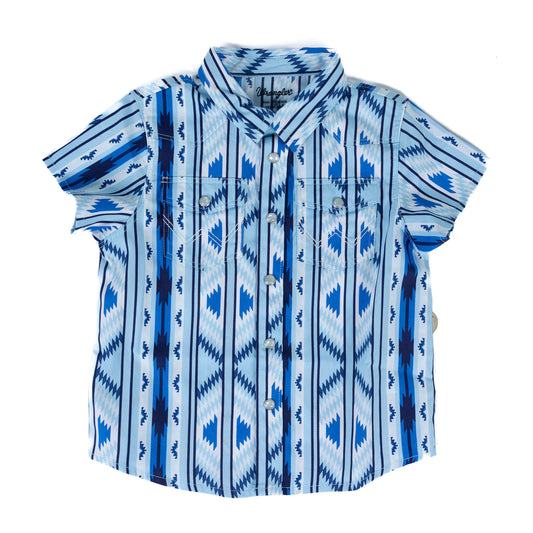 Blue and white patterned shirt on a white background