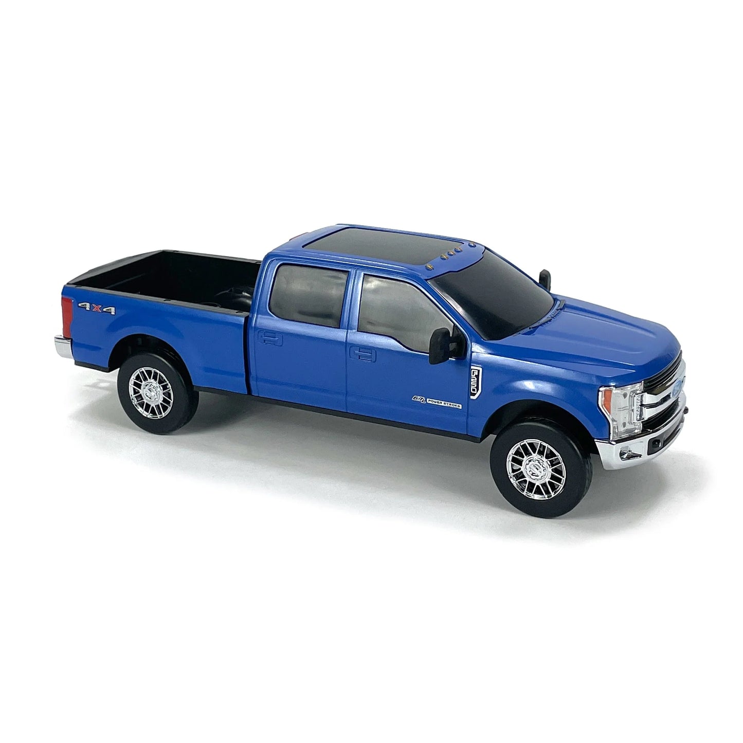 Blue diecast pickup truck toy model with detailed wheels and chrome accents on white background