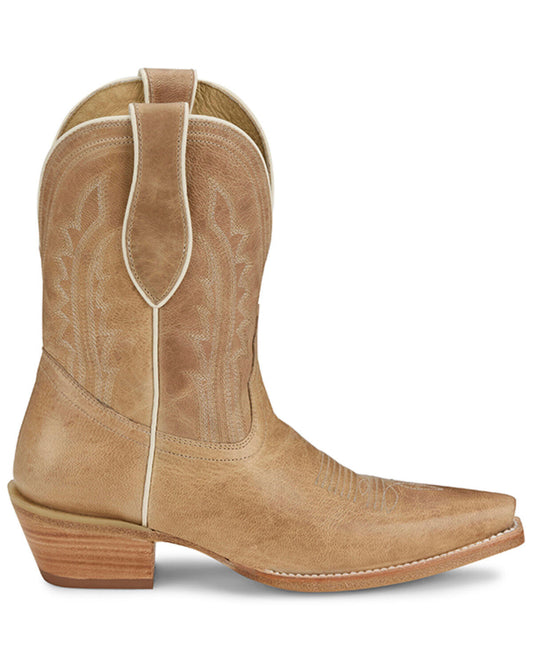 Tan leather western cowboy boot with stitching details and stacked heel