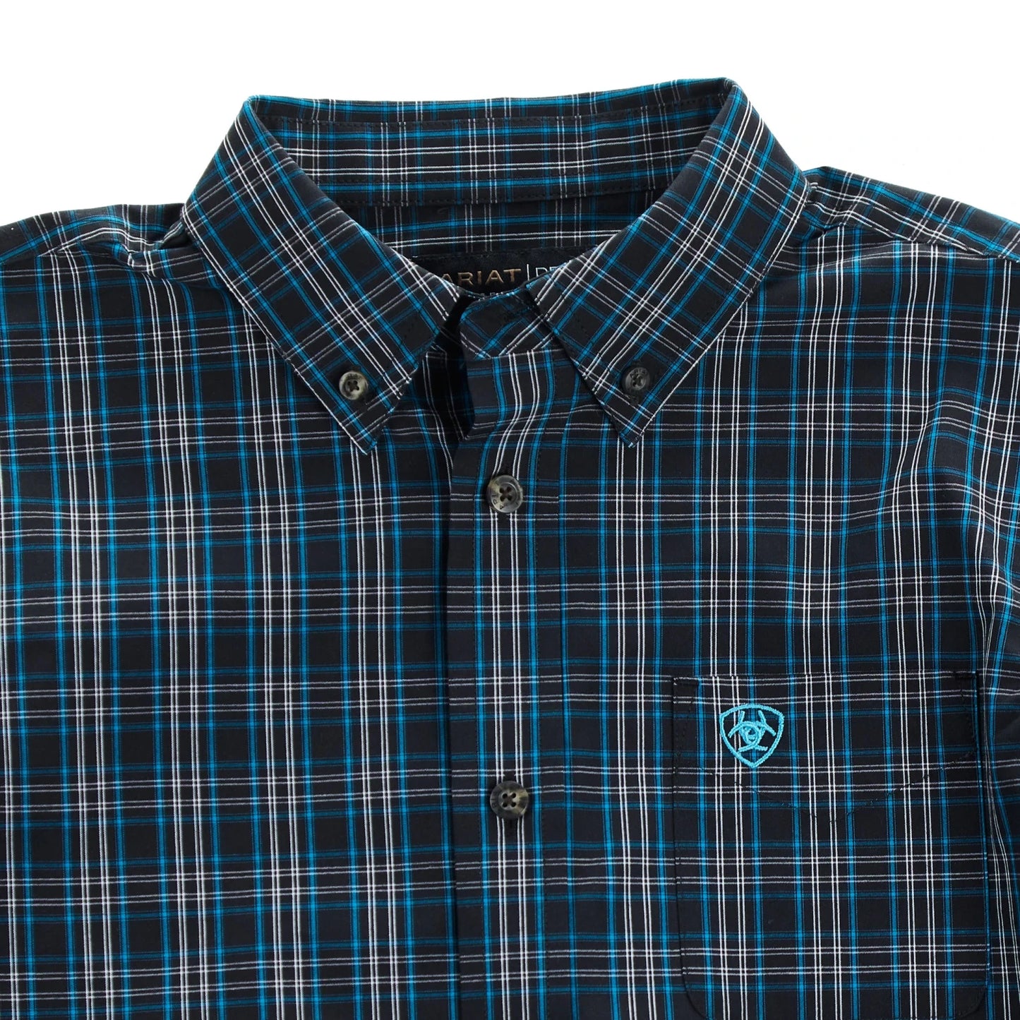 Men’s blue and black plaid button-up shirt with chest pocket and embroidered logo
