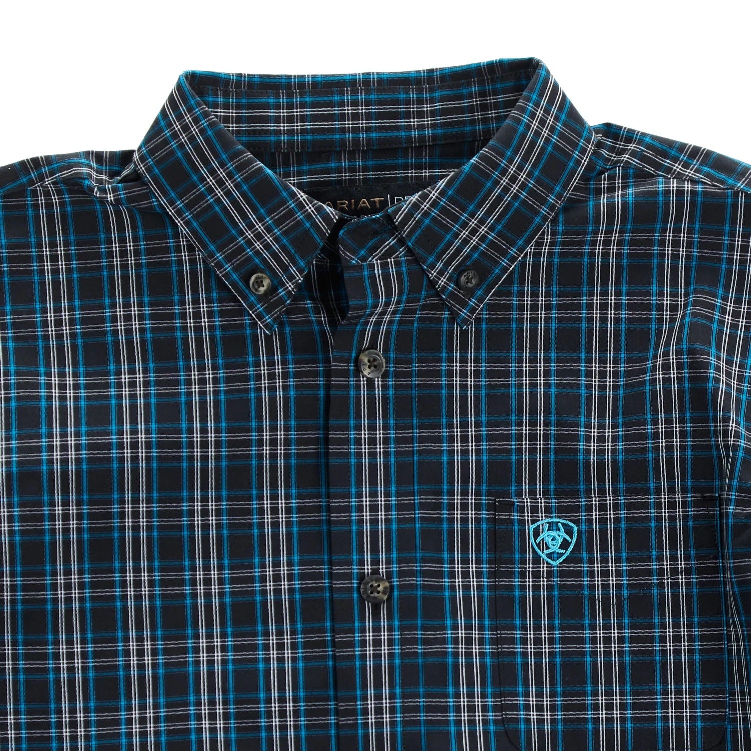 Men’s blue and black plaid button-up shirt with chest pocket and embroidered logo
