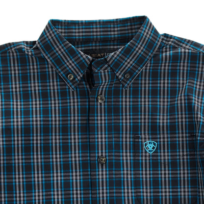 Men’s blue and black plaid button-up shirt with chest pocket and embroidered logo