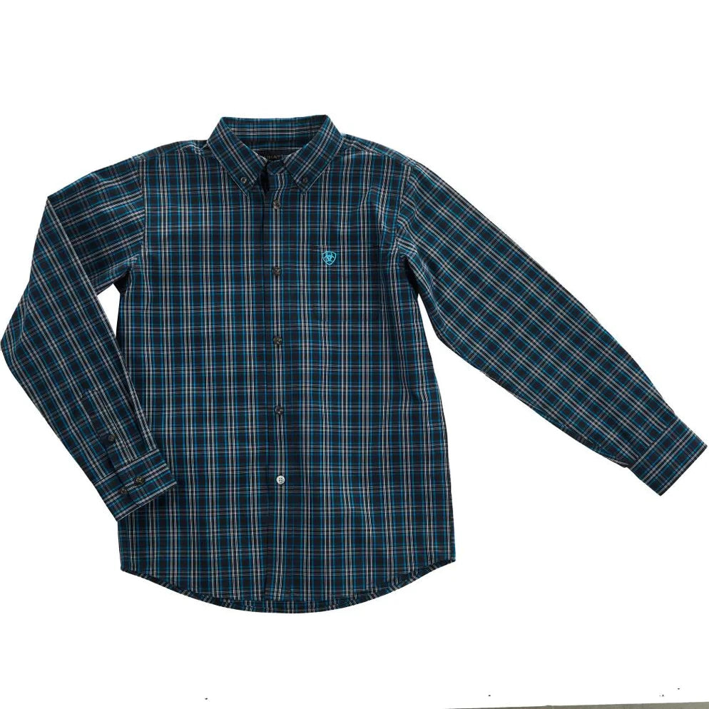 Men’s blue plaid long sleeve button-up shirt with collar, chest logo, and white buttons