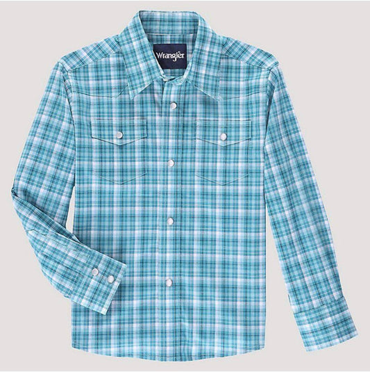 Men's teal and white plaid long sleeve western shirt with snap buttons and chest pockets