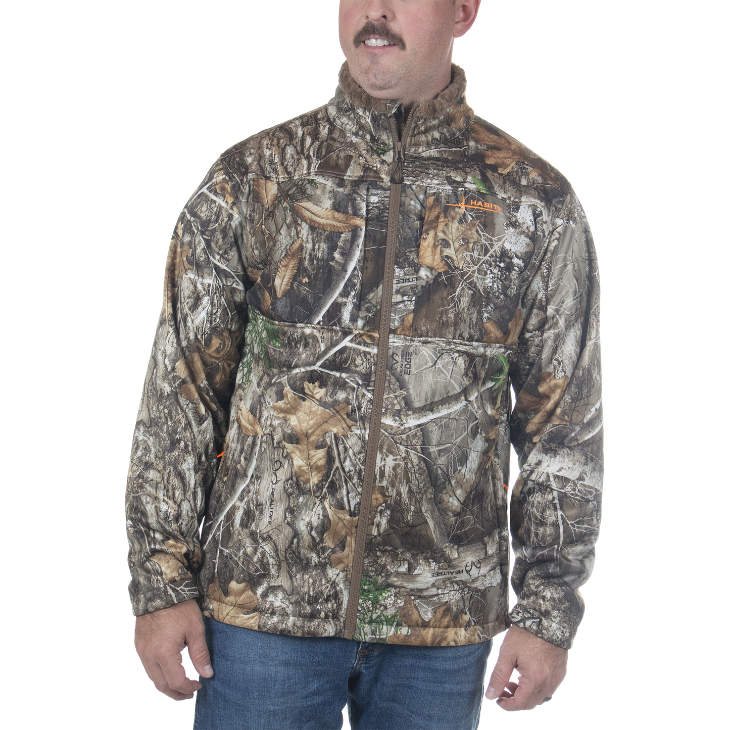 Man wearing camouflage hunting jacket with front zipper and outdoor pattern design