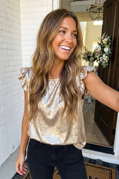Metallic Round Neck Ruffle Trim Sleeveless Top