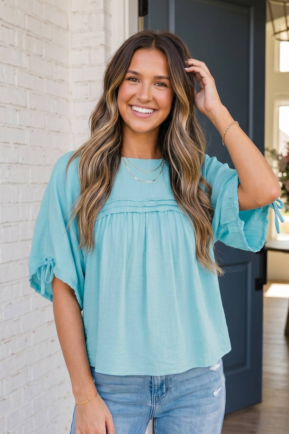 Tie Pleated Detail Babydoll Blouse