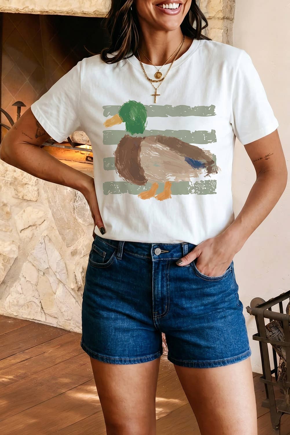 Western Print striped Duck Graffiti Round Neck T-Shirt