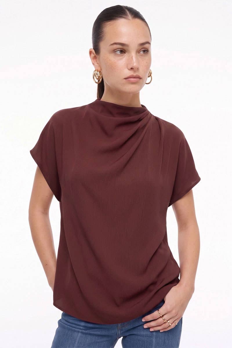 Naked Zebra - Mock Neck Draped Textured Satin Fall Blouse