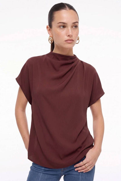 Naked Zebra - Mock Neck Draped Textured Satin Fall Blouse