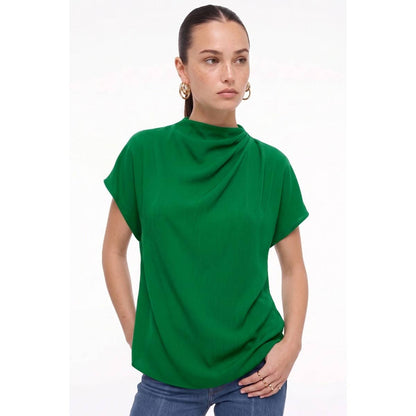 Naked Zebra - Mock Neck Draped Textured Satin Fall Blouse
