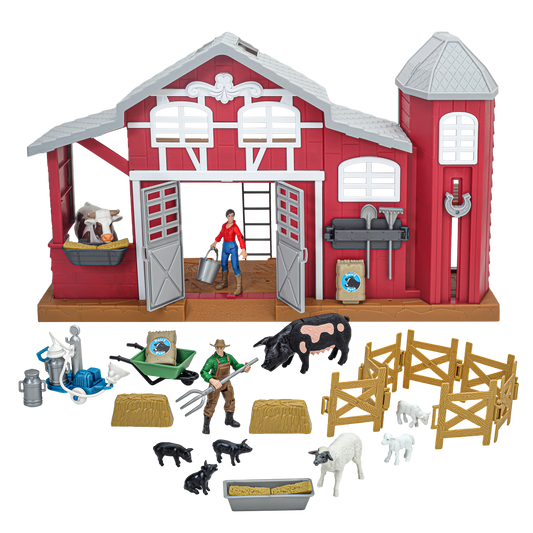 Dairy barn playset with toy barn, farmer figures, animals, fence, and farm accessories