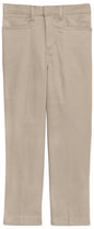Flat lay of khaki uniform pants with belt loops and front pockets on white background