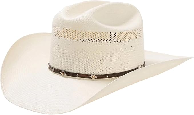 White straw cowboy hat with ventilated crown and decorative leather hatband