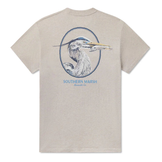 graphic on the back of a heron framed within a circular emblem with a fish in the beak