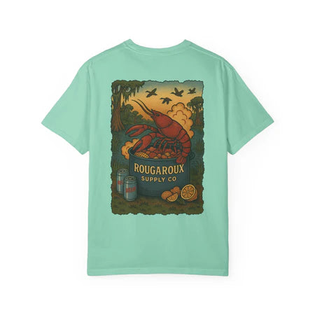 Light blue t-shirt with a graphic design on the back featuring a crawfish and text, on a white background.
