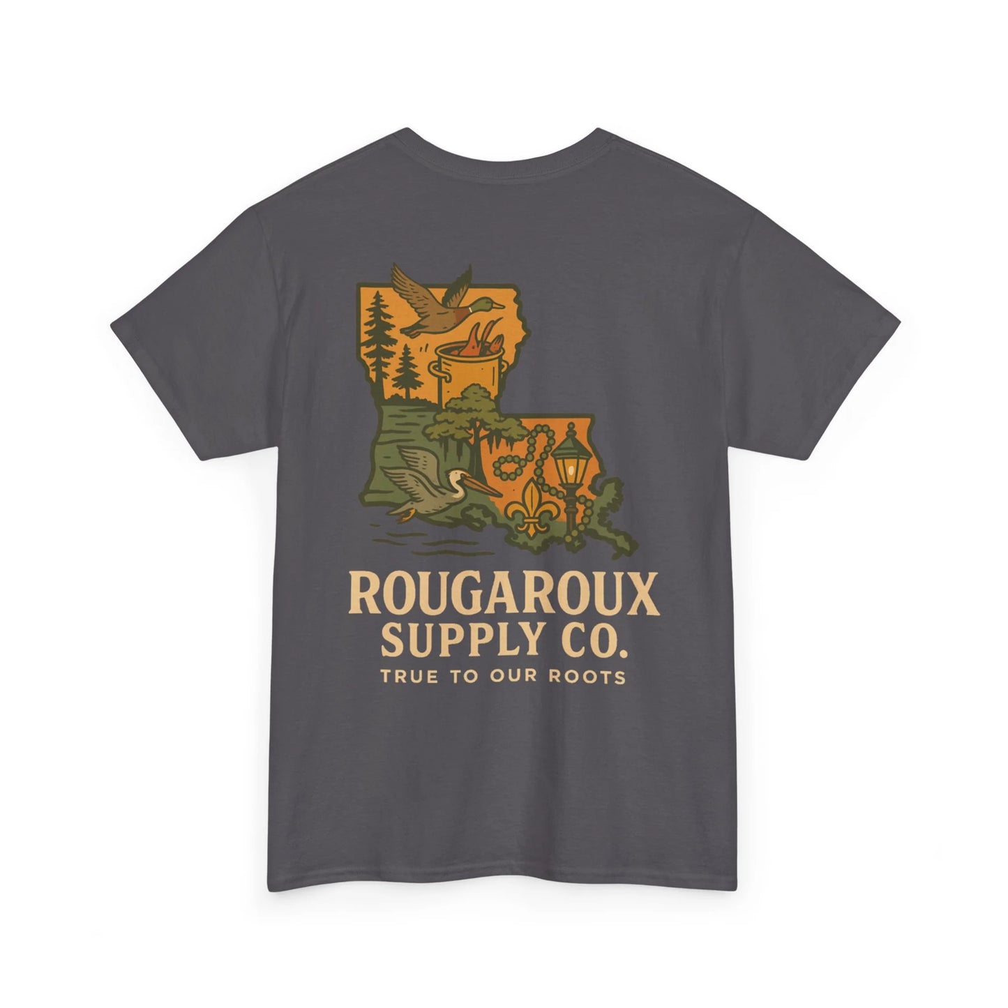 Gray t-shirt with a graphic design and 'Rougaroux Supply Co.' text on a white background