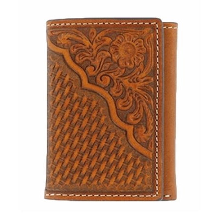 Nocona Tan Floral and Basket Weave Tooled Tri-fold Wallet - N5446608