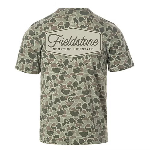 Camouflage-patterned t-shirt with 'Fieldstone Sporting Lifestyle' logo on a white background