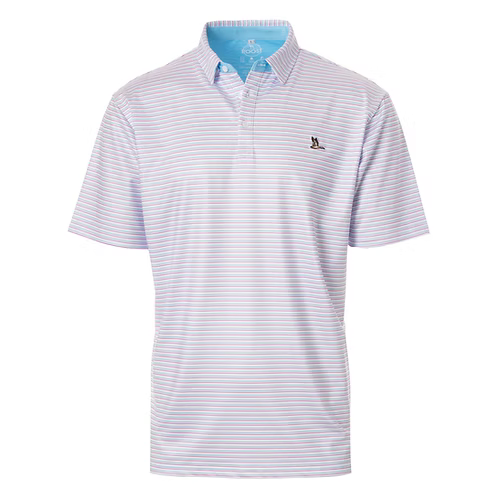 Striped polo shirt with a brand logo on a white background