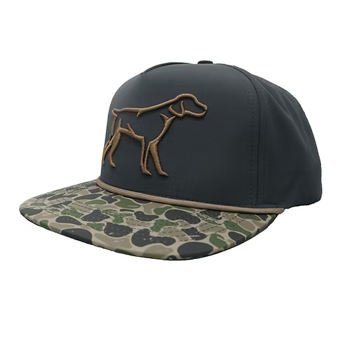 Black cap with a dog silhouette and camouflage brim on a white background