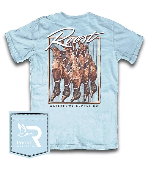 Light blue t-shirt with duck graphic and 'Roost' branding on a white background