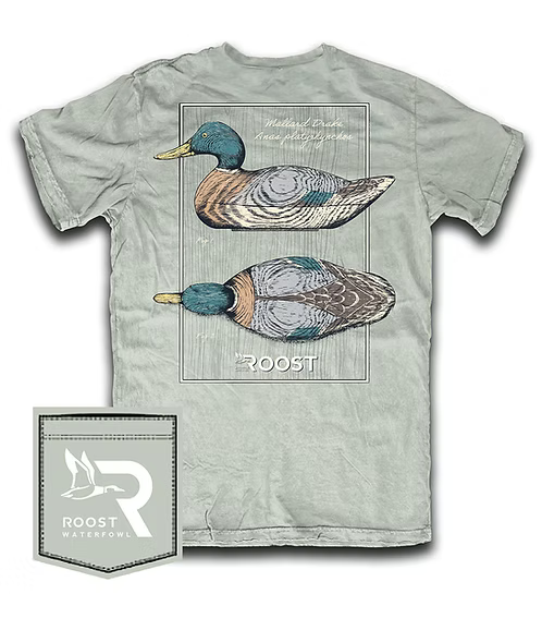Light gray t-shirt with duck design and Roost logo on a white background