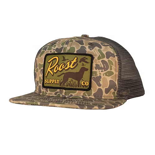 Camouflage trucker hat with 'Roast Supply Co' logo on a white background