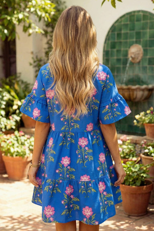 Floral Shift Short Sleeve High Waist Mini Dresses: Blue / L