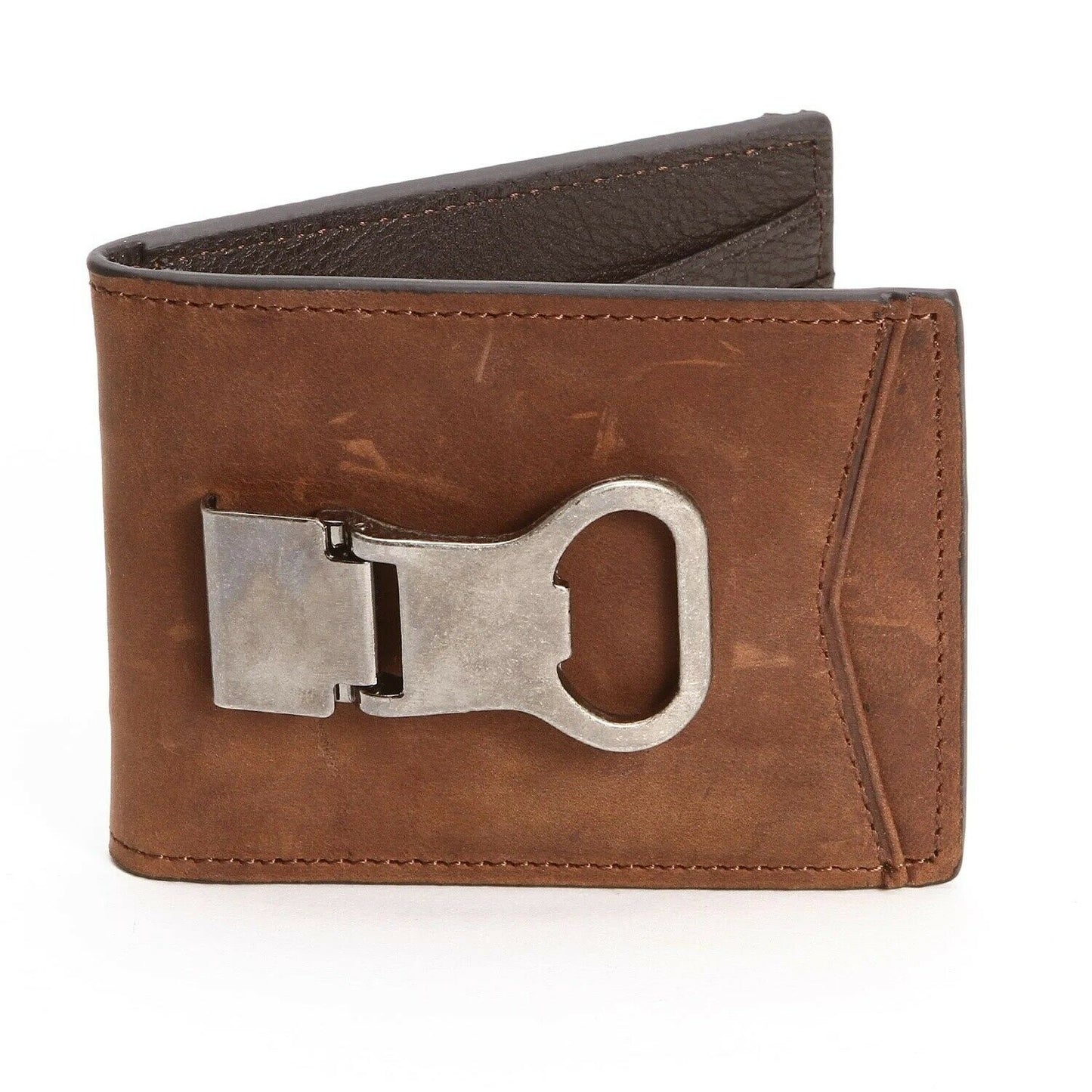 Nocona Mens Brown Double Barrel Bifold Bottle Opener Money Clip Wallet
