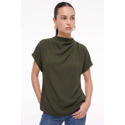 Naked Zebra - Mock Neck Draped Textured Satin Fall Blouse