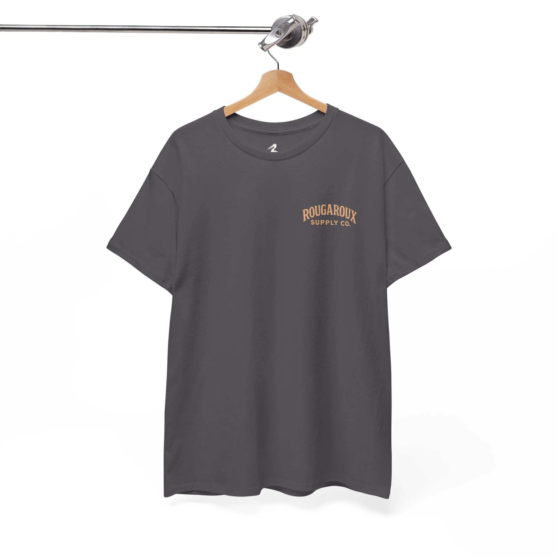 Gray t-shirt with a brand logo on a hanger against a white background