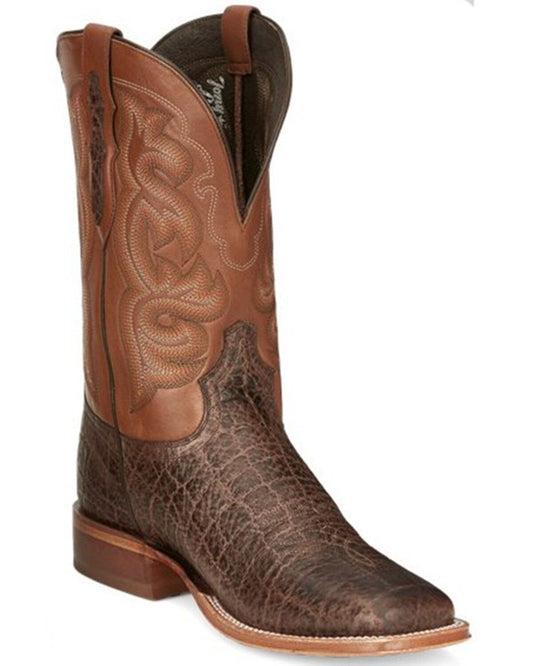 Brown leather western cowboy boot with detailed stitching and square toe design