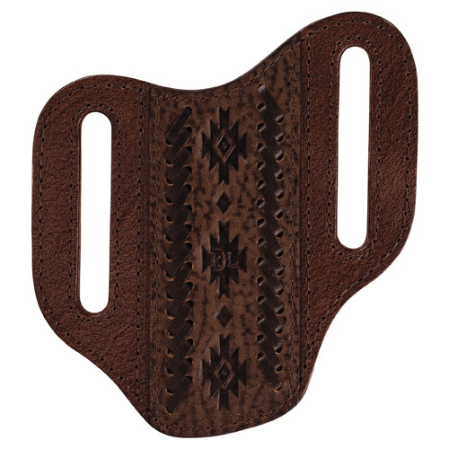 Brown leather holster with intricate patterns on a white background