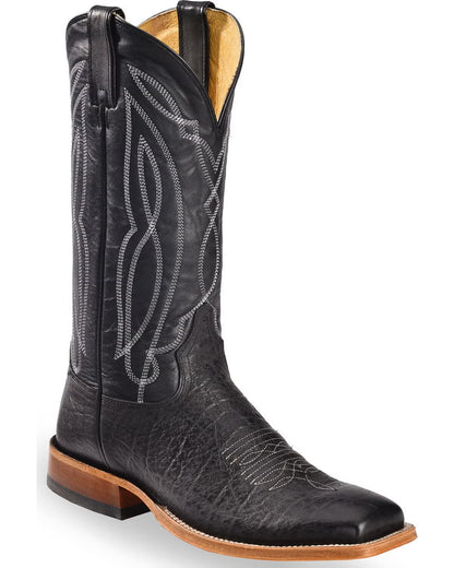 Black leather cowboy boot with detailed white stitching and tan sole