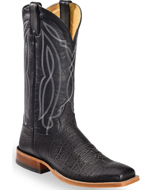 Black leather cowboy boot with detailed white stitching and tan sole
