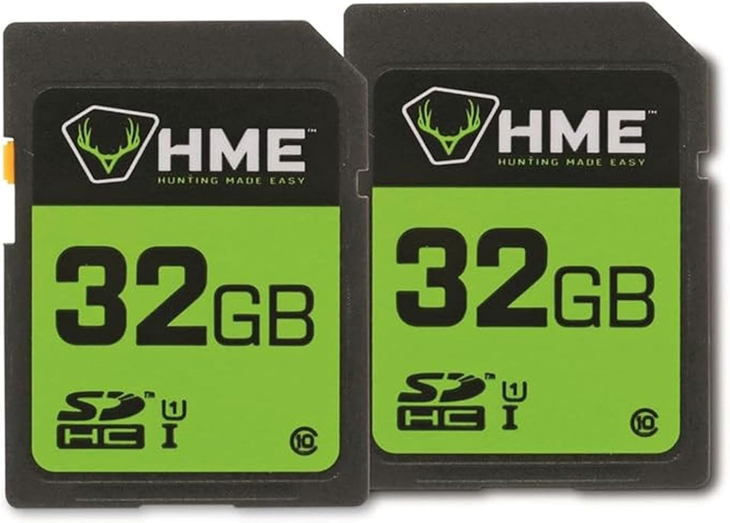Two 32GB SDHC memory cards with HME branding on a white background