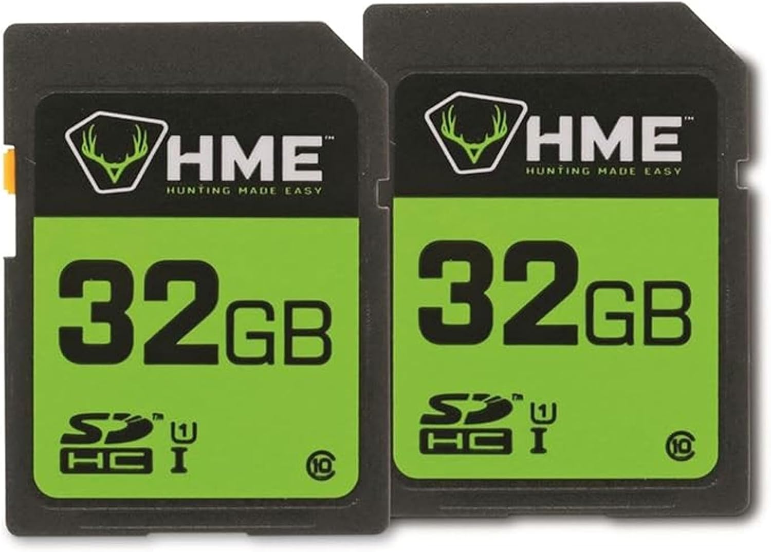 Two 32GB SDHC memory cards with HME branding on a white background