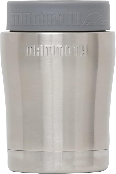 Stainless steel insulated tumbler with gray lid, Mammoth logo, travel mug